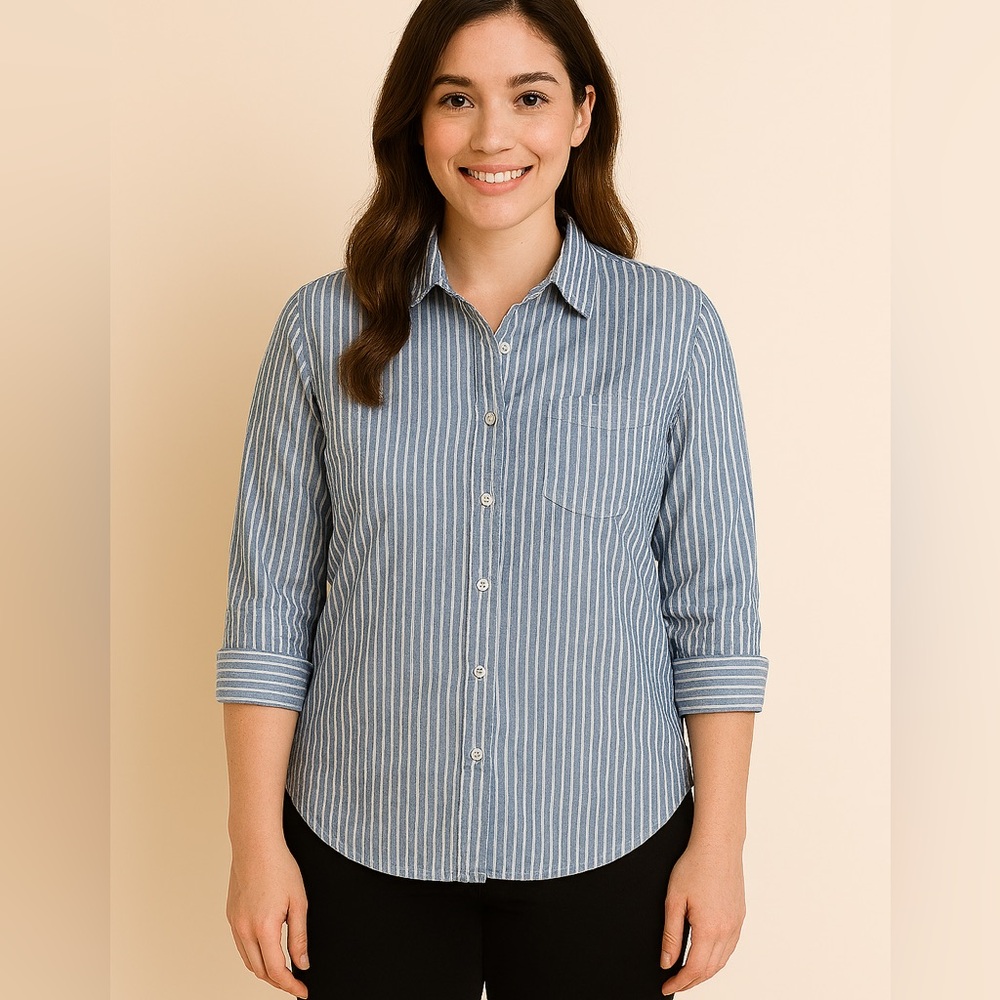 Covington 3/4 sleeve Blue White Glitter Pin Stripe Blouse Size Large - Picture 1 of 11